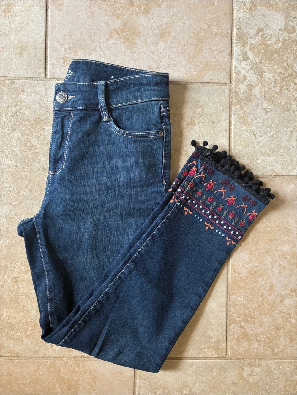 St. John's Bay Dark Blue Skinny Jeans with Embroidered Pom Hem